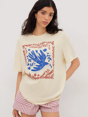 Cotton-blend Round Neckline Floral Oversized Tee