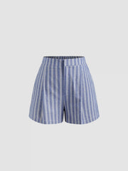 Cotton-blend Halter Neckline Stripe Tie Front Shirred Top & Mid Rise Shorts Set