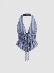 Cotton-blend Halter Neckline Stripe Tie Front Shirred Top & Mid Rise Shorts Set