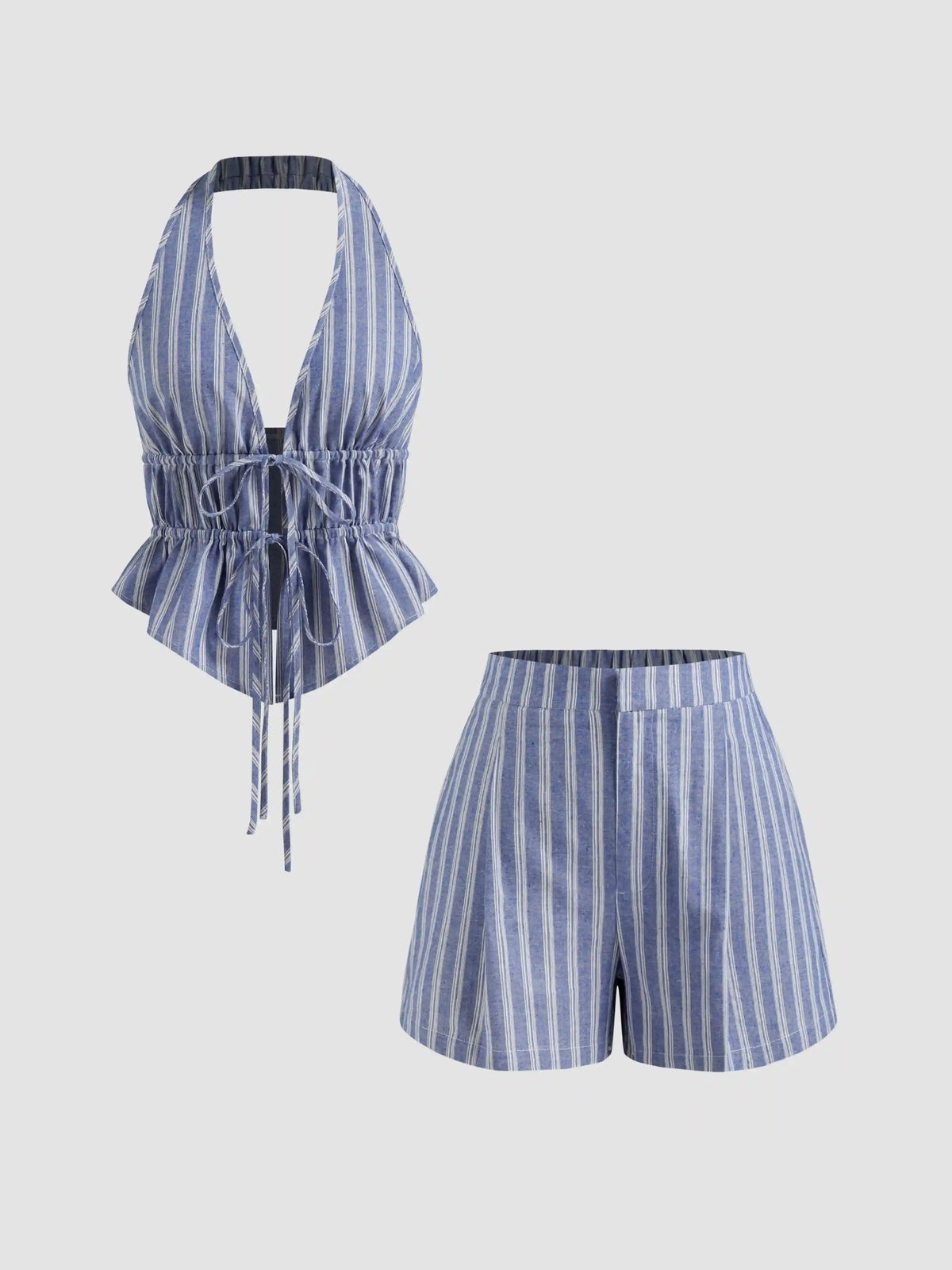 Cotton-blend Halter Neckline Stripe Tie Front Shirred Top & Mid Rise Shorts Set