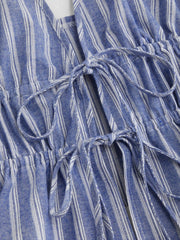 Cotton-blend Halter Neckline Stripe Tie Front Shirred Top & Mid Rise Shorts Set