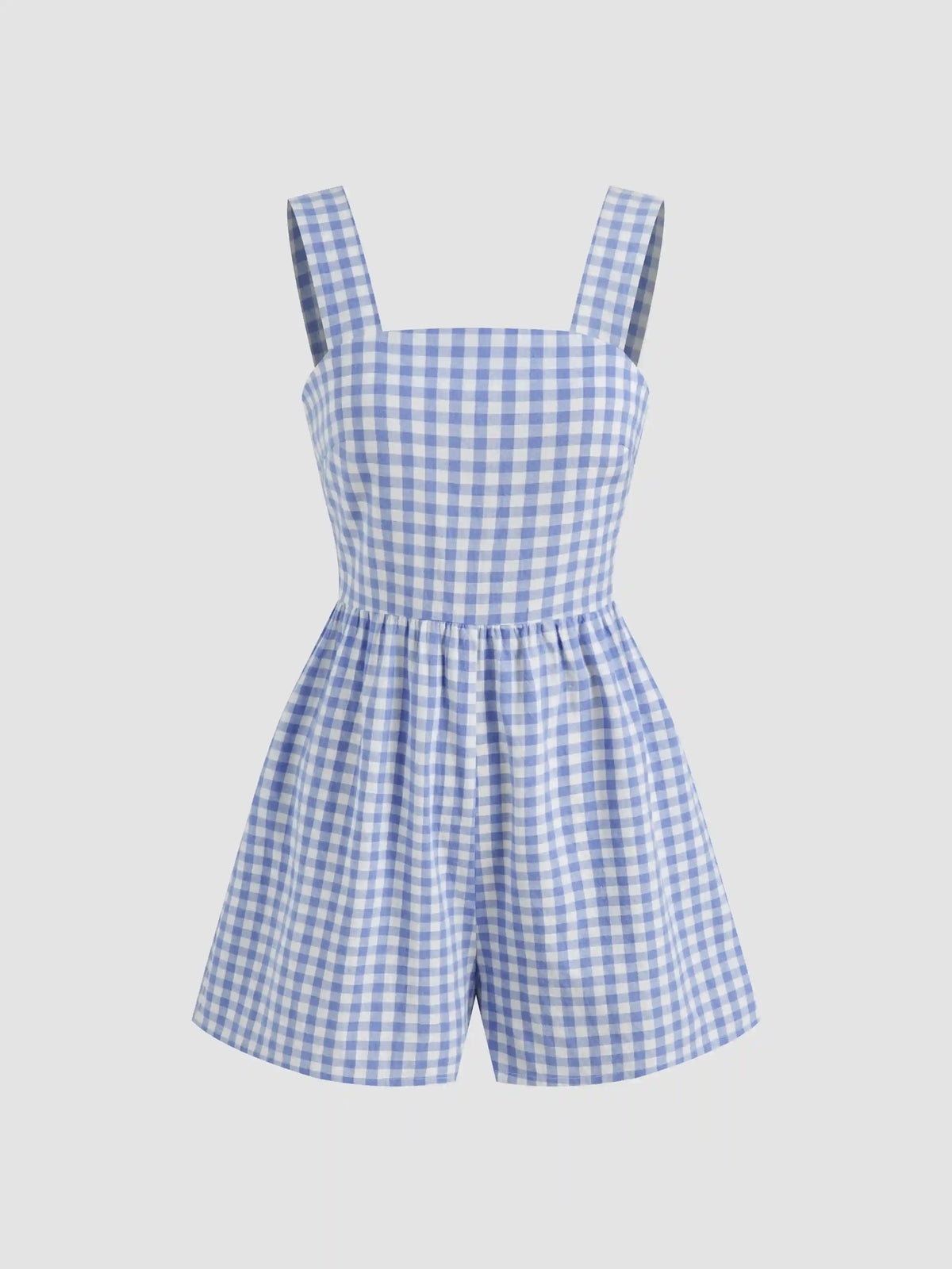 Cotton-blend Square Neck Gingham Bowknot Romper