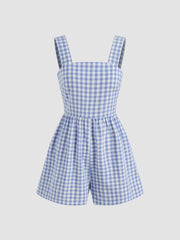 Cotton-blend Square Neck Gingham Bowknot Romper
