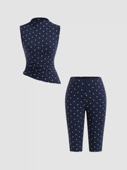 Cotton-blend High Neck Polka Dot Asymmetrical Hem Top & Mid Rise Capri Pants Set