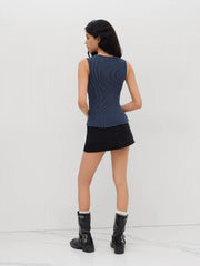Round Neckline Stripe Button Through Tank Top