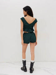 Cotton-blend Tartan Tank Top & Low Rise Tartan Bowknot Bloomer Shorts