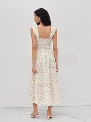 Square Neck Ditsy Floral Shirred Midi Dress