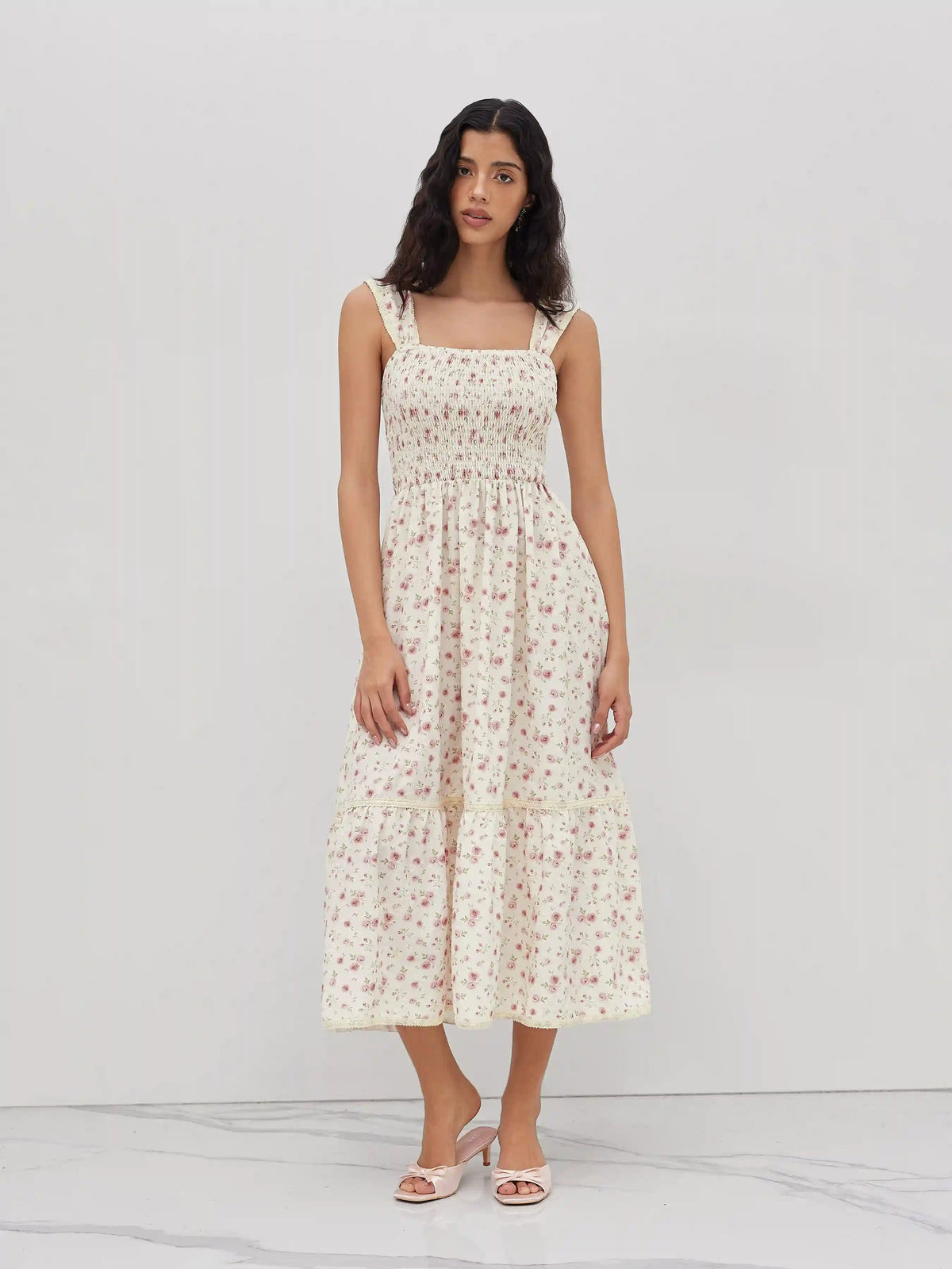 Square Neck Ditsy Floral Shirred Midi Dress