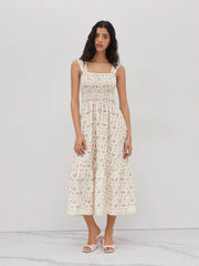 Square Neck Ditsy Floral Shirred Midi Dress