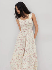 Square Neck Ditsy Floral Shirred Midi Dress