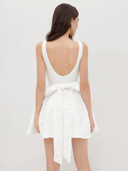 Jacquard U-neckline Floral Backless Bowknot Mini Dress
