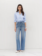 Cotton-blend Collar Roll-up Sleeve Shirt Bodysuit