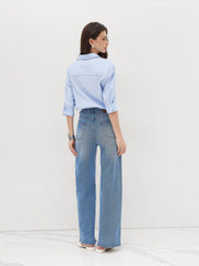 Cotton-blend Collar Roll-up Sleeve Shirt Bodysuit