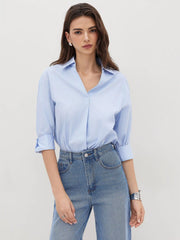 Cotton-blend Collar Roll-up Sleeve Shirt Bodysuit