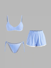 V-neck Stripe Lace Trim Bracelet Bikini Set With Cover Up Shorts