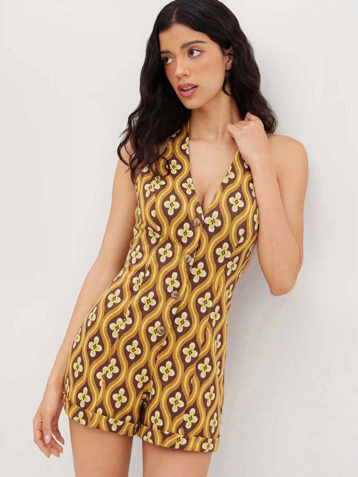 Jacquard V-neck Geometric Button Roll Hem Romper