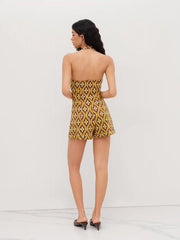 Jacquard V-neck Geometric Button Roll Hem Romper