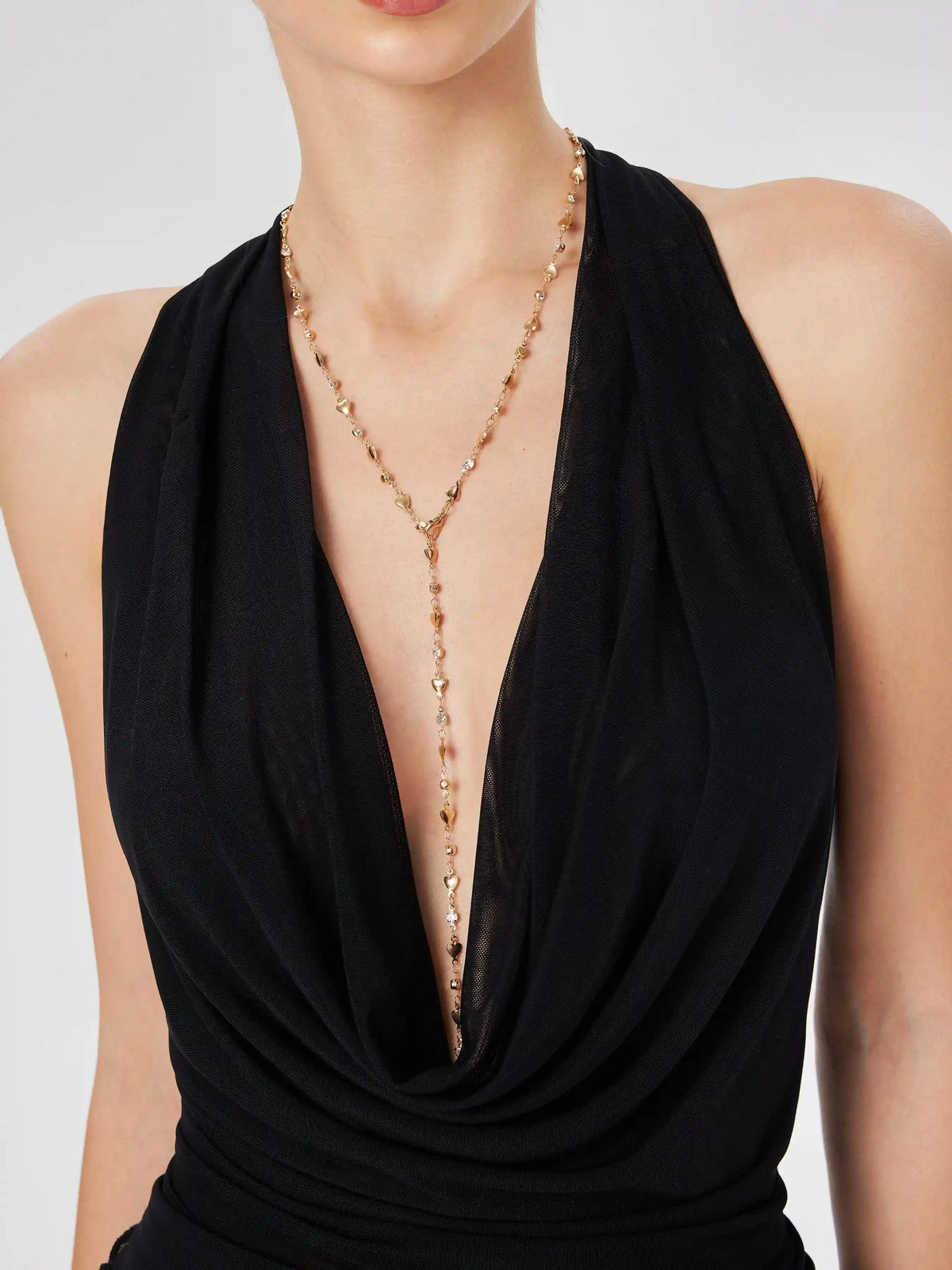 HEART & RHINESTONE Y SHAPED METALLIC CHAIN NECKLACE