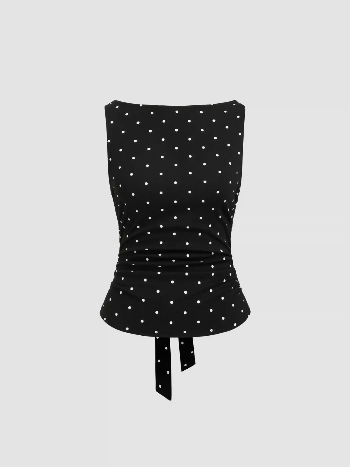 Cotton-blend Boat Neck Knotted Polka Dot Ruched Tank Top