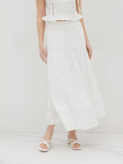 Cotton Mid Rise Embroidery Ruffle Maxi Skirt