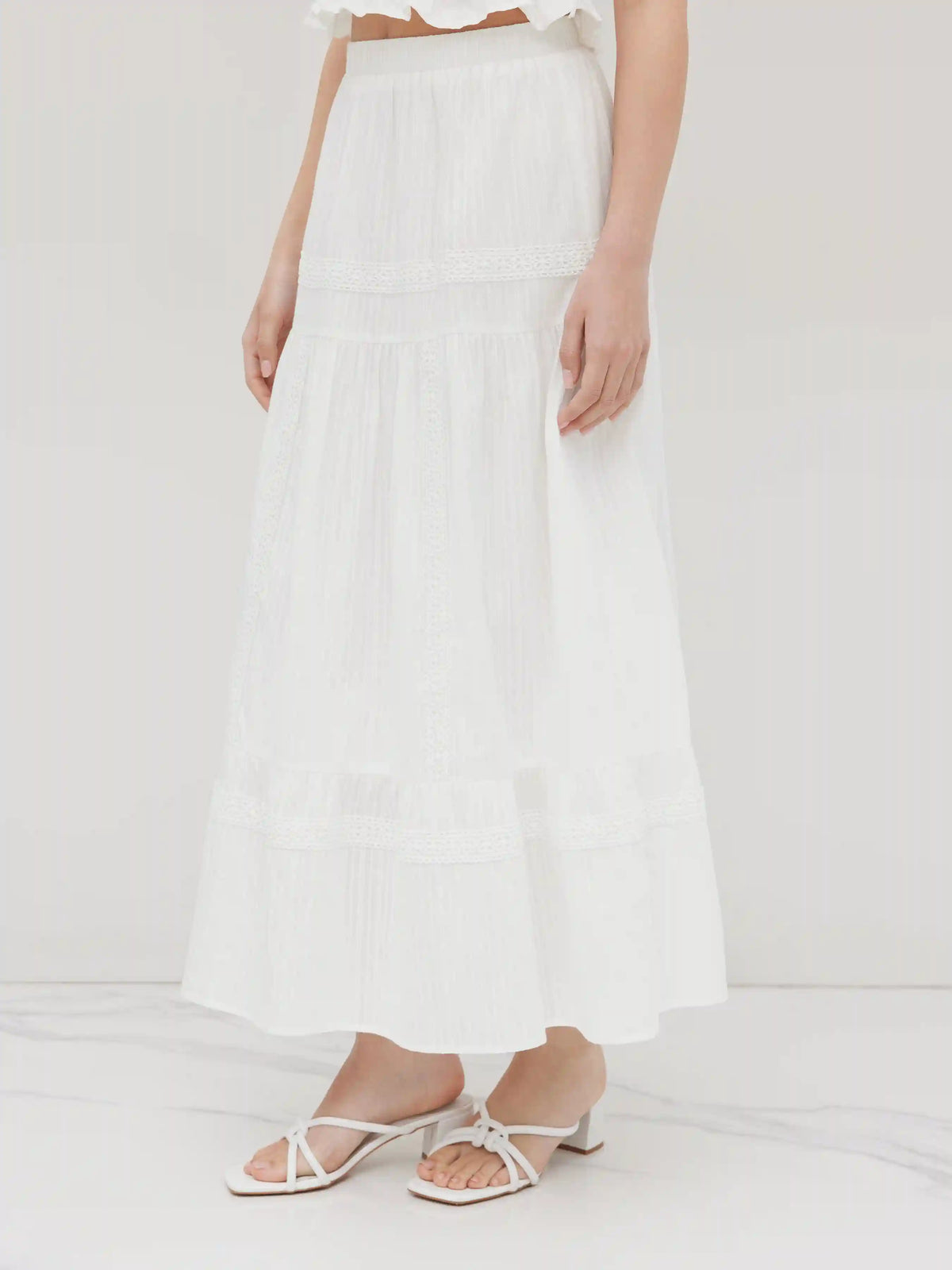 Cotton Mid Rise Embroidery Ruffle Maxi Skirt