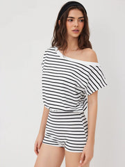 Cotton-blend Asymmetrical Neck Stripe Micro Lounge Romper