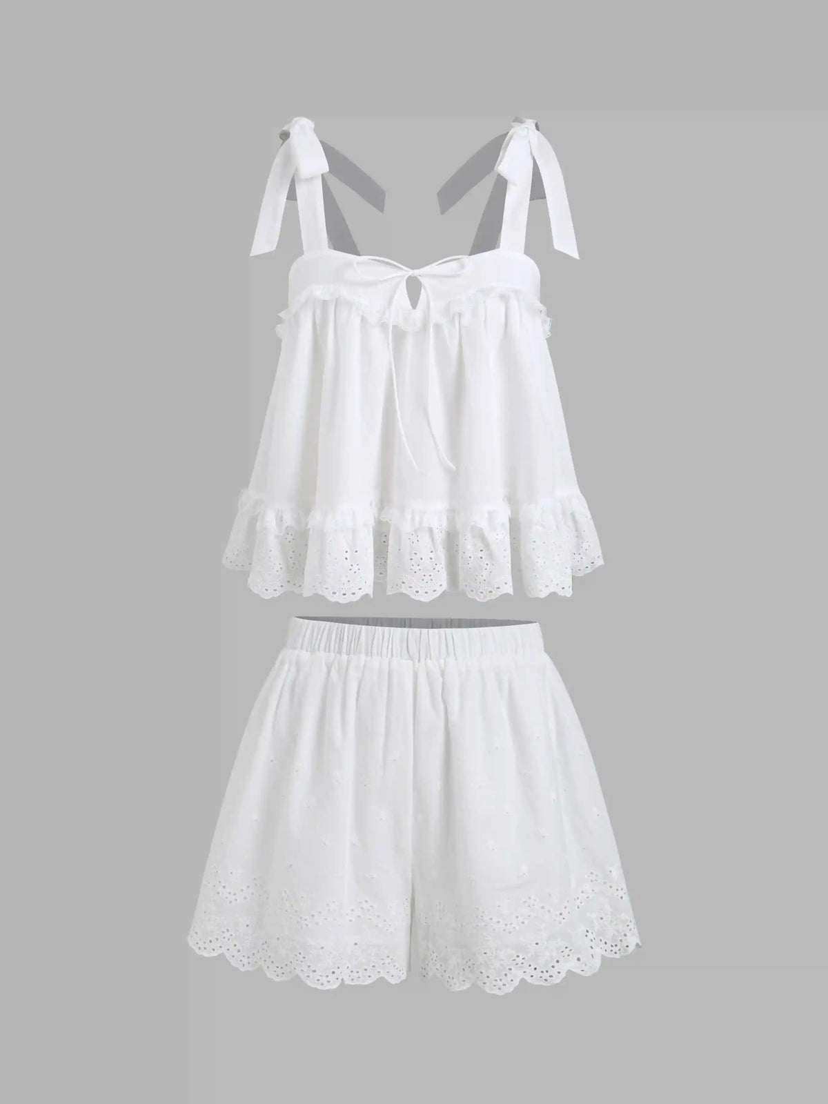 Cotton Broderie Anglaise Lace Trim Bowknot Top & Mid Rise Elastic Waist Shorts Set