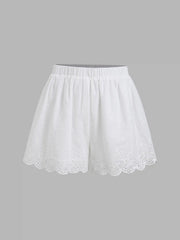 Cotton Broderie Anglaise Lace Trim Bowknot Top & Mid Rise Elastic Waist Shorts Set