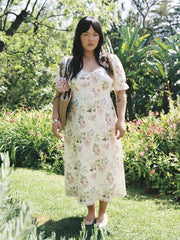 Square Neck Strawberry Graphic Contrasting Lace Trim Midi Dress Curve & Plus