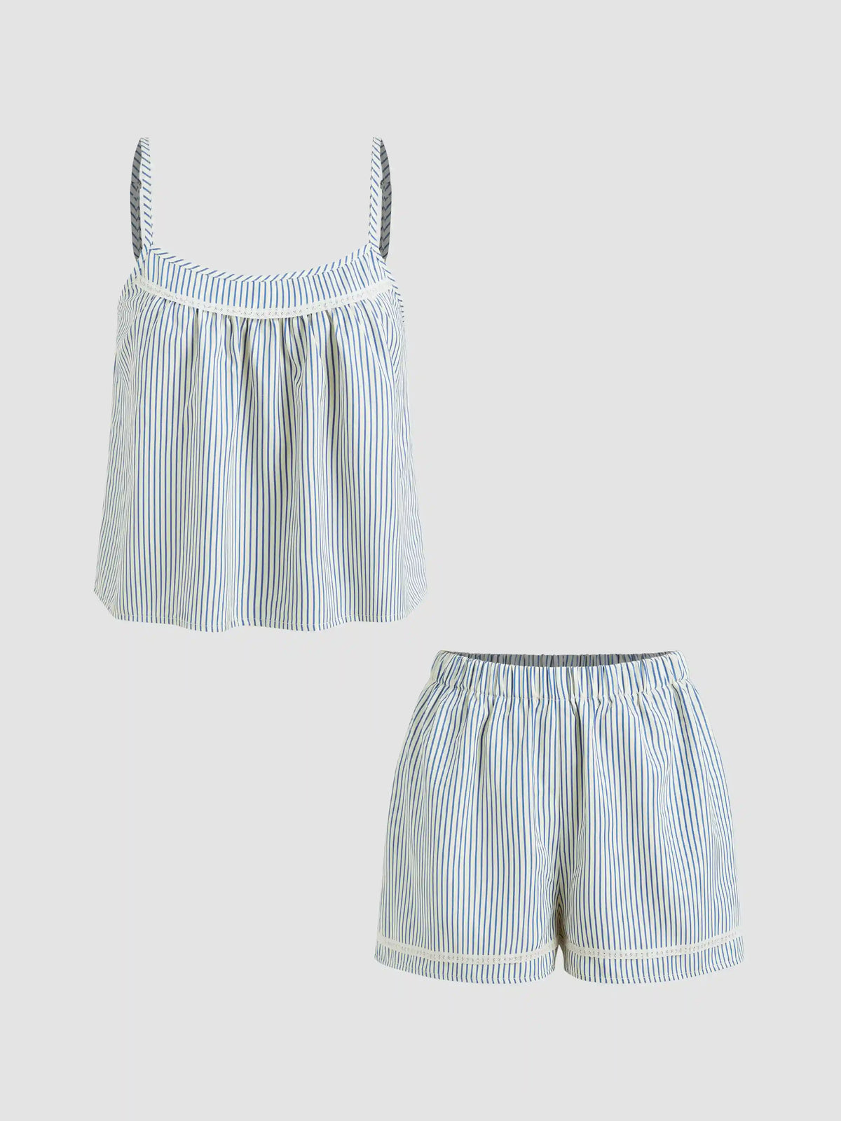 Cotton-blend U-neckline Stripe Lace Trim Cami Top & Mid Rise Elastic Waist Shorts Loungewear Set