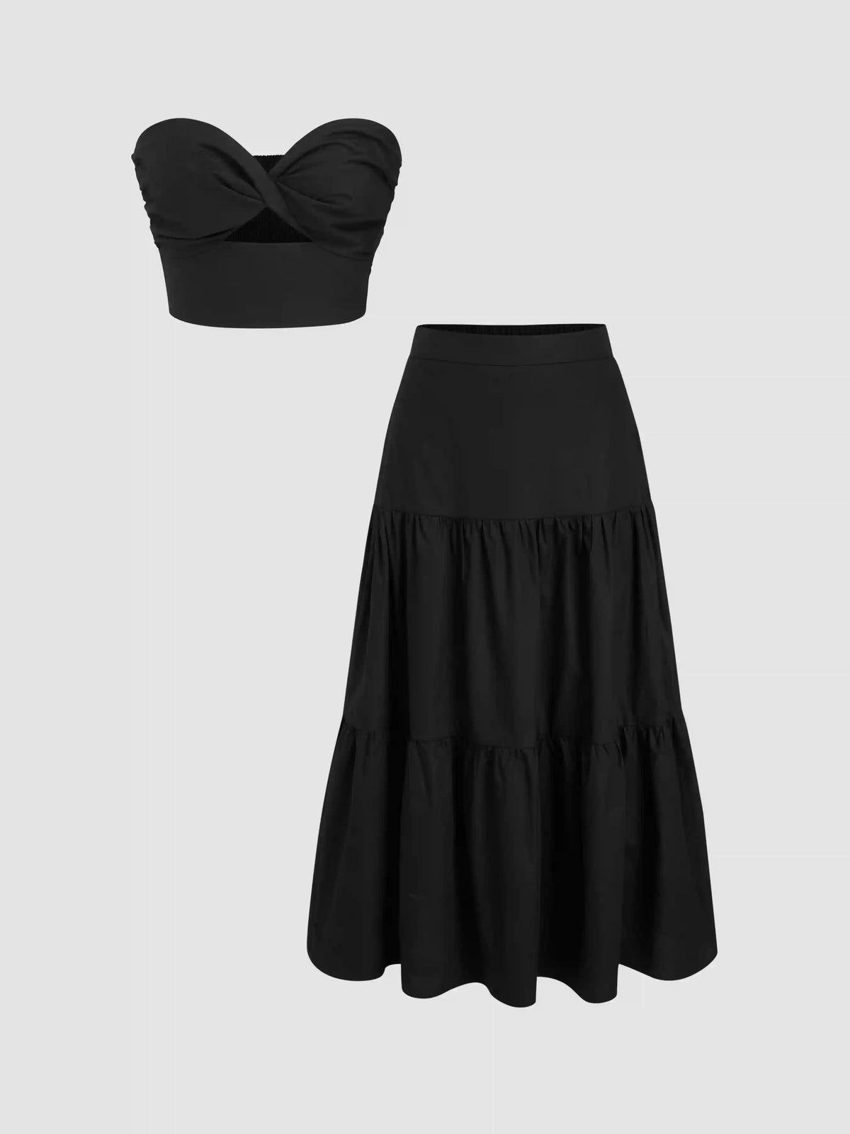 Cotton-blend Twist Crop Bandeau Top & Mid Rise Tiered Maxi Skirt Set