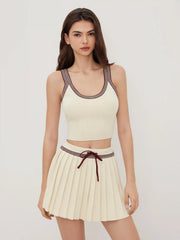 Knit U-neckline Stripe Tank Top & Mid Rise Pleated Mini Skirt Set