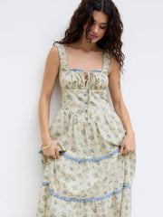 Cotton Ditsy Floral Contrasting Binding knotted Shirred Tiered Maxi Dress