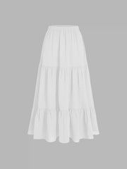 Petite Mid Rise Elastic Waist Ruffle Hem Tiered Maxi Skirt