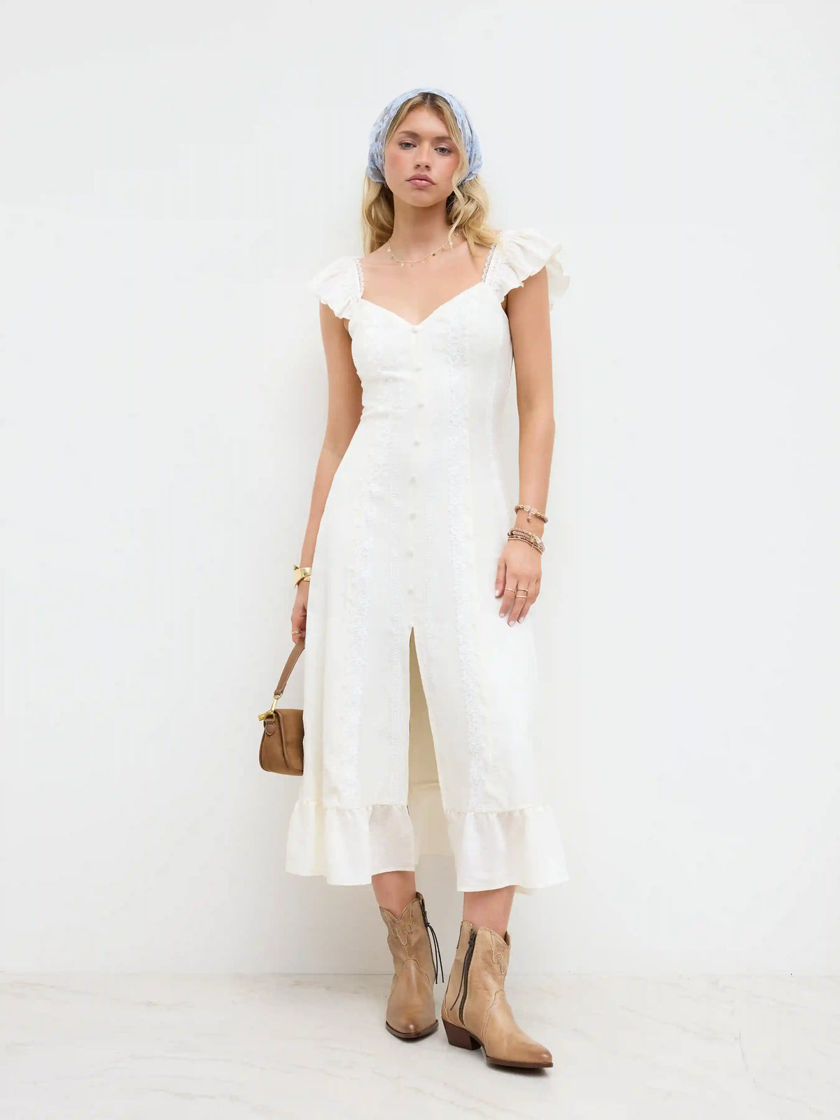 Sweetheart Neckline Applique Split Ruffle Hem Midi Dress