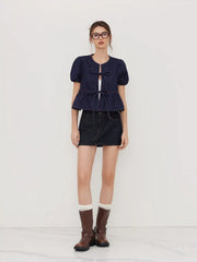 Denim Tie Front Bow Puff Sleeve Oversized Blouse