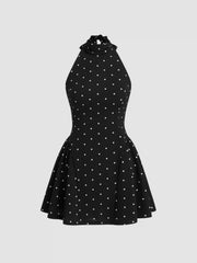 Halter Neckline Polka Dot Backless Ruffle Mini Dress
