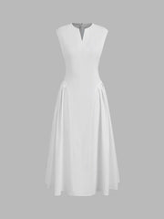 V-neck Solid Pleated Sleeveless Maxi Dress