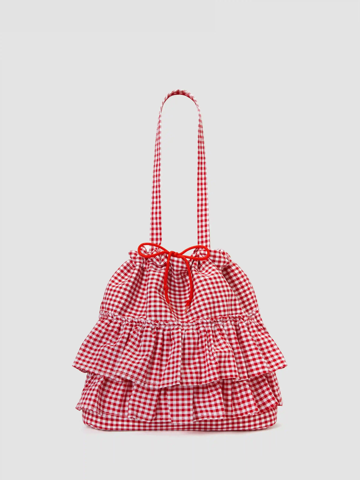 GINGHAM DOUBLE LAYERED RUFFLE DRAWSTRING TOTE BAG