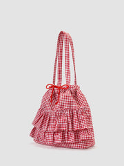 GINGHAM DOUBLE LAYERED RUFFLE DRAWSTRING TOTE BAG