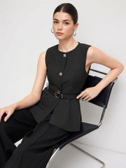 Metal Button Waistcoat With Belt