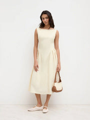 Linen-blend Boat Neck Ruffle Backless Midi Dress
