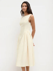 Linen-blend Boat Neck Ruffle Backless Midi Dress