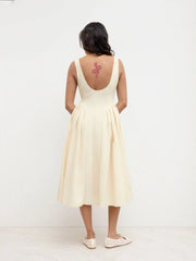 Linen-blend Boat Neck Ruffle Backless Midi Dress