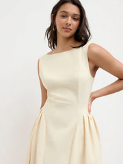 Linen-blend Boat Neck Ruffle Backless Midi Dress