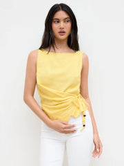 Linen-blend Beaded Knotted Ruched Tank Top