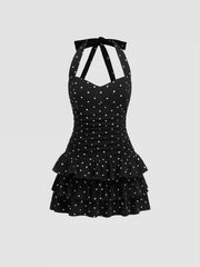 Cotton-blend Halter Neckline Polka Dot Ruched Layered Mini Dress