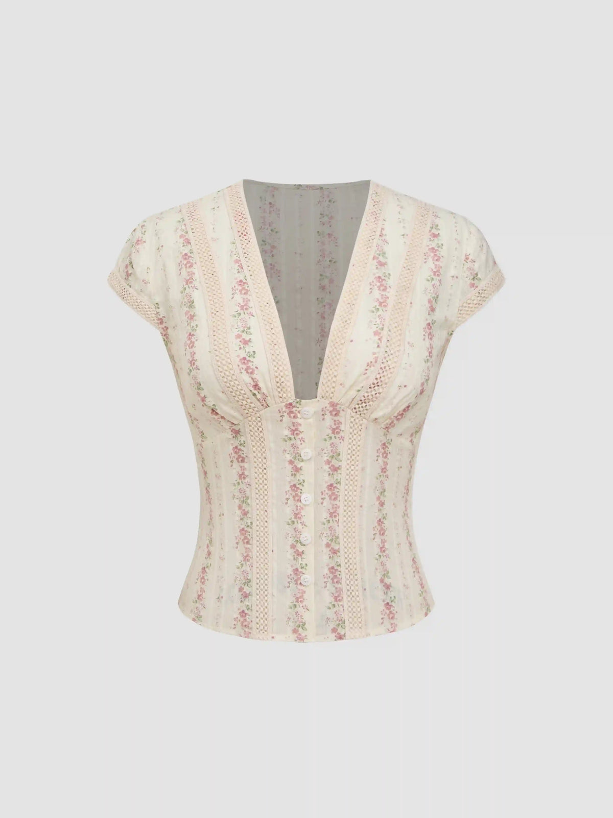 Cotton V-neck Floral Short Sleeve Blouse