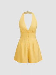 Linen-blend V-neck Button Bowknot Backless Romper