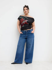 Mesh Asymmetrical Neck Floral Ruched Top Curve & Plus